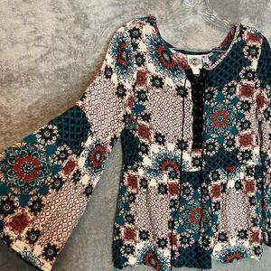 Vintage Rod's Women Patchwork Blouse Boho Top M Flared Sleeve Peasant Renfaire